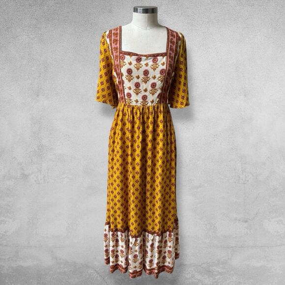 Bohme Floral Rayon Maxi Dress Women XL Yellow Boho Cottagecore Hippie Festival - Picture 1 of 10